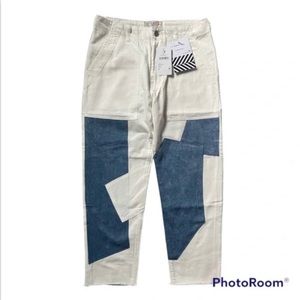 Free People Sandrine Rose White Patchwork Jeans Crop Baggy Grunge Raw Hem Sz 30